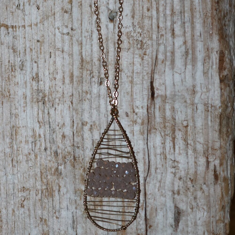 NEW Gold-Plated Teardrop Pendant w Wired Light Grey Crystals on 30"+ Necklace